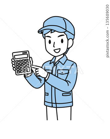 插畫素材：一名戴著帽子、身穿工作服的男子指著計算機並報出價格。 135689030