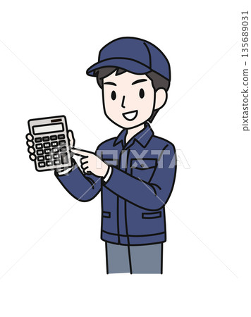 插畫素材：一名戴著帽子、身穿工作服的男子指著計算機並報出價格。 135689031