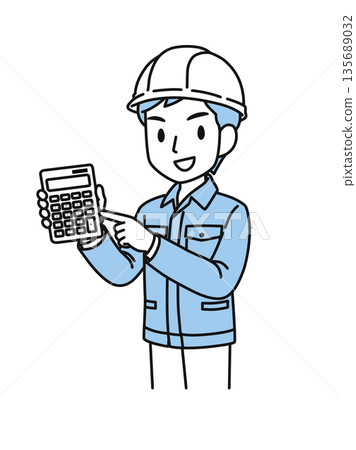 圖解素材：一名身穿工作服、頭戴安全帽的男子指著計算器，提出報價。 135689032