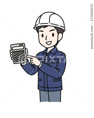 Illustration material of a man in work clothes wearing a helmet pointing at a calculator and proposing a price Illustration material of a man in work clothes wearing a helmet pointing at a calculator and proposing a price 135689033