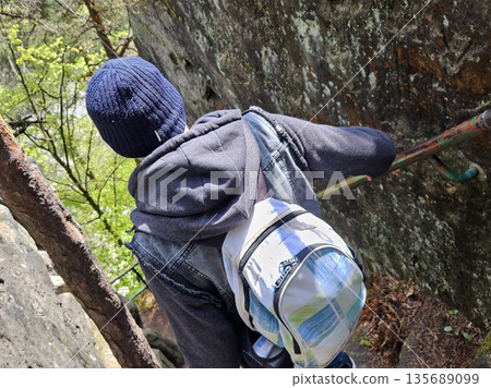 Hiker Climbing Rocky Trail with Backpack Hiker Climbing Rocky Trail with Backpack 135689099