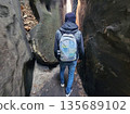 Hiker Walking Through Narrow Rocky Canyon 135689102