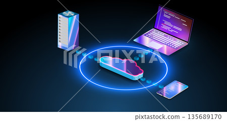 Cloud computing setup with server, laptop, and mobile device connected by data flow Cloud computing setup with server, laptop, and mobile device connected by data flow 135689170