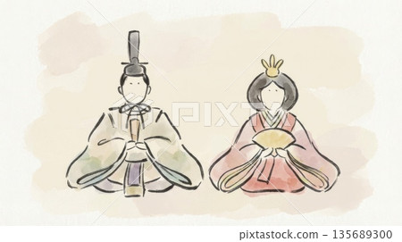 一幅用毛筆和水彩繪製的溫馨的雛人偶（男孩和女孩）插圖。 135689300