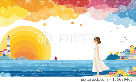 一個女人在日落時看海 135689403
