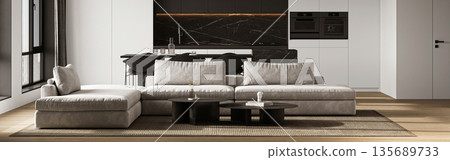 Stylish open concept living room with modern kitchen and plush seating interior 3d render Stylish open concept living room with modern kitchen and plush seating interior 3d render 135689733