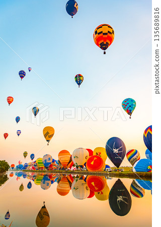 Saga International Balloon Fiesta: Reflections on the Kase River and hot air balloons Saga International Balloon Fiesta: Reflections on the Kase River and hot air balloons 135689816