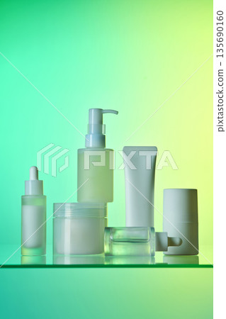 Skincare cosmetic products arranging on glass shelf 135690160