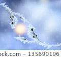 A frosty branch covered in ice crystals against a soft blue background.  135690196