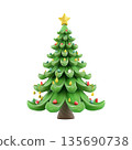 Decorative stylized Christmas tree with colorful lights and yellow star topper, cartoon style on transparent background, festive holiday concept 135690738