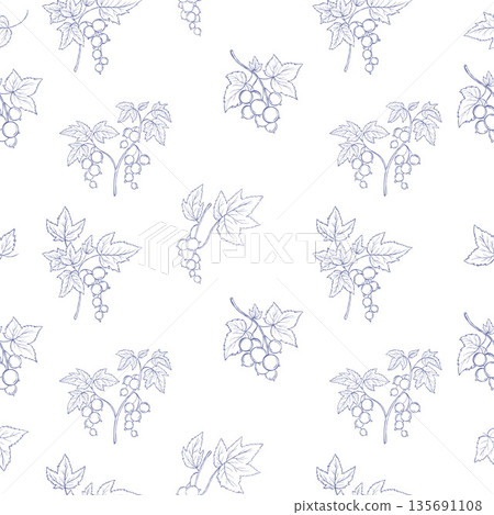 Outline Currant Seamless Pattern. Summer Berry Branches with Leaves on White Background. Line Art hand-drawn Vector illustration Not AI 135691108