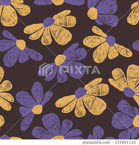 Seamless Floral Pattern With Hand-Drawn Abstract Flowers And Textured Crayon Hatching. Organic Indigo and Ochre Blooming Plants on Black Background. Vector Illustration 135691110