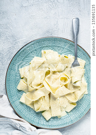 pasta papardelle in creamy garlic sauce, traditional Italian cuisine, pasta carbonara, homemade, no people, 135691135