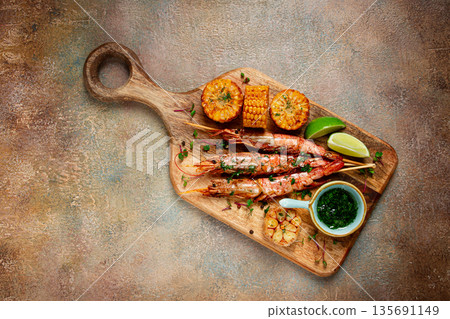 langoustines on skewers, shrimp kebab, with fried corn, spices and herbs, homemade, no people, langoustines on skewers, shrimp kebab, with fried corn, spices and herbs, homemade, no people, 135691149