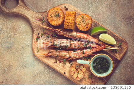 langoustines on skewers, shrimp kebab, with fried corn, spices and herbs, homemade, no people, langoustines on skewers, shrimp kebab, with fried corn, spices and herbs, homemade, no people, 135691150