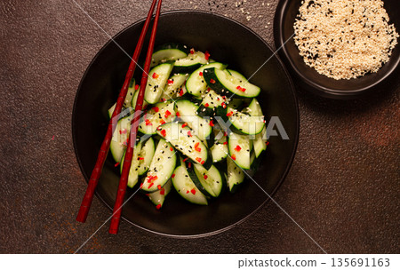 Chinese salad, cucumbers with chili pepper and sesame seeds, homemade, no people, Chinese salad, cucumbers with chili pepper and sesame seeds, homemade, no people, 135691163