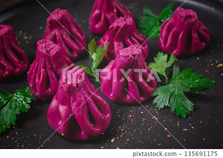 beetroot khinkali, mini khinkali, purple, Georgian cuisine, no people, beetroot khinkali, mini khinkali, purple, Georgian cuisine, no people, 135691175