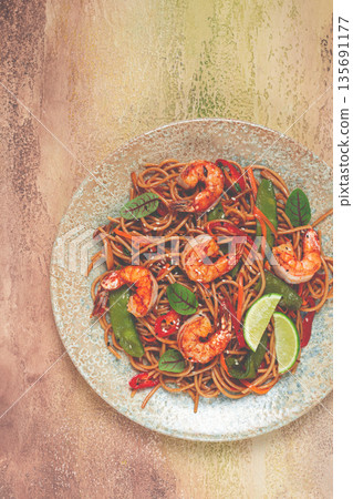 fried udon noodles with shrimp and vegetables, Asian cuisine, homemade, no people, 135691177