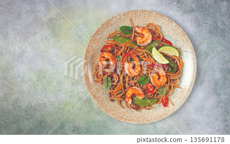 fried udon noodles with shrimp and vegetables, Asian cuisine, homemade, no people, fried udon noodles with shrimp and vegetables, Asian cuisine, homemade, no people, 135691178
