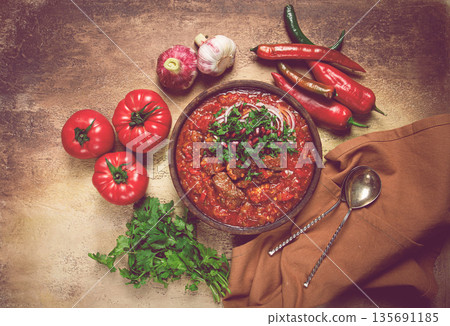 Chashushuli, a traditional Georgian dish, spicy, stewed meat with tomatoes and spices, homemade, no people, Chashushuli, a traditional Georgian dish, spicy, stewed meat with tomatoes and spices, homemade, no people, 135691185