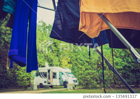 Clothes hanging to dry outdoor at caravan 135691317