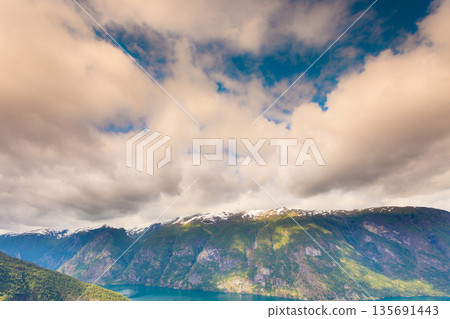 View of the fjords at Stegastein viewpoint in Norway View of the fjords at Stegastein viewpoint in Norway 135691443