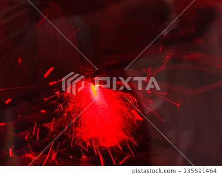 Laser cutting steel metal with bright sparks Laser cutting steel metal with bright sparks 135691464