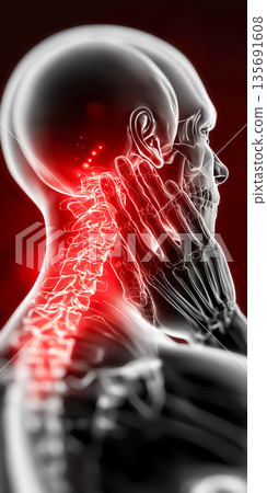 Medical illustration background of the neck showing hot spots of pain Medical illustration background of the neck showing hot spots of pain 135691608