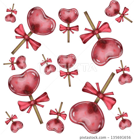 Red heart-shaped lollipops. Valentine's Day pattern. Red heart-shaped lollipops. Valentine's Day pattern. 135691656