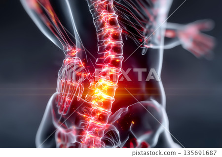 腰痛與下背部疼痛的成因示意圖 | 脊椎與神經的示意圖 腰痛與下背部疼痛的成因示意圖 | 脊椎與神經的示意圖 135691687