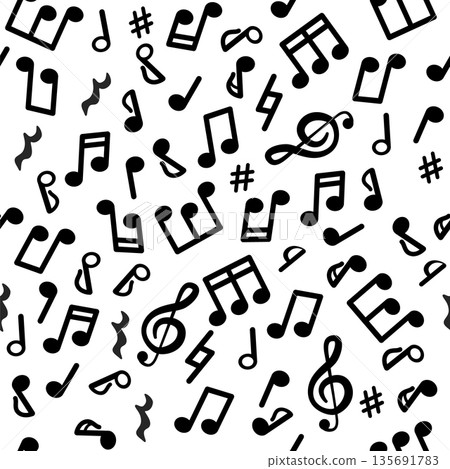 Abstract music seamless pattern of music notes. Black and white music background. Vector illustration melody. 135691783