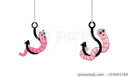 Cartoon worm on a hook. emotion. isolated on a white background. vector illustration. character icon Earthworm. flat style. Crawling animal creature. 135691784