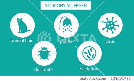 Set icons allergen. Allergen - animal, dust mite, pollen, virus, bacterium. allergens in colored circles on dark and white background. 135691785
