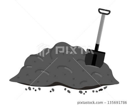 Shovels in a pile of ground. Heap of substrate, humus, fertilizer, compost. Hill of earth or dirt. Bunch of manure. Zero waste. Stock vector. Pile of ground. Vector illustration in flat style 135691786