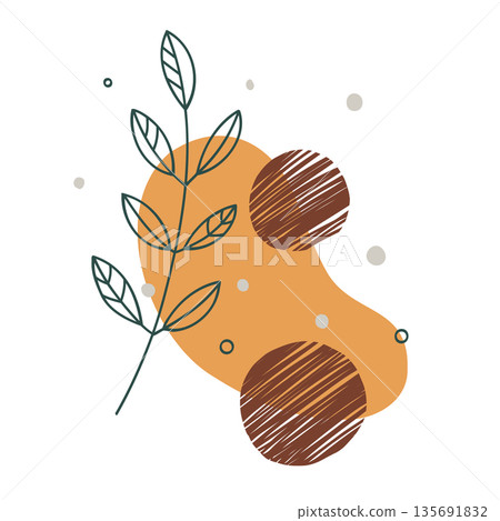 Minimal abstract botanical illustration with hand drawn leaves and organic shapes in warm earthy colors Minimal abstract botanical illustration with hand drawn leaves and organic shapes in warm earthy colors 135691832