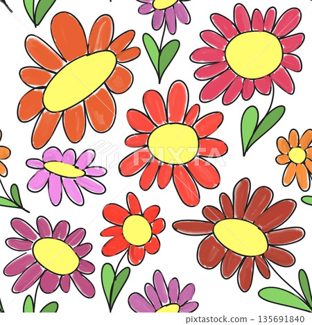Seamless children's pattern of bright flowers on a white background  135691840