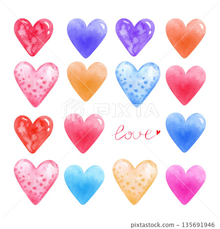 Watercolor set of colorful hearts, gift box and hand lettering. Cute romantic illustrations for Valentines Day, love cards, wedding designs, invitations, wrapping paper and festive decor. Watercolor set of colorful hearts, gift box and hand lettering. Cute romantic illustrations for Valentines Day, love cards, wedding designs, invitations, wrapping paper and festive decor. 135691946