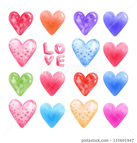 Watercolor set of colorful hearts, gift box and hand lettering. Cute romantic illustrations for Valentines Day, love cards, wedding designs, invitations, wrapping paper and festive decor. 135691947