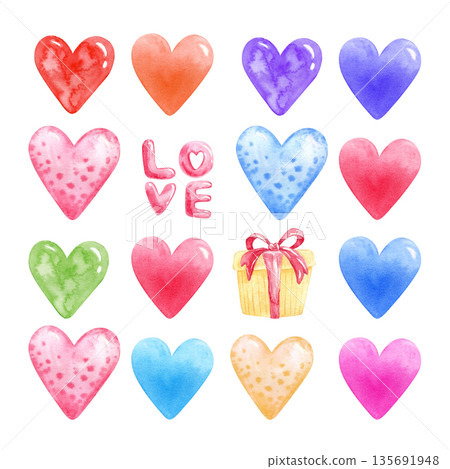 Watercolor set of colorful hearts, gift box and hand lettering. Cute romantic illustrations for Valentines Day, love cards, wedding designs, invitations, wrapping paper and festive decor. Watercolor set of colorful hearts, gift box and hand lettering. Cute romantic illustrations for Valentines Day, love cards, wedding designs, invitations, wrapping paper and festive decor. 135691948