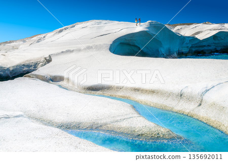 White chalk cliffs in Sarakiniko, Milos island, Cyclades, Greece 135692011