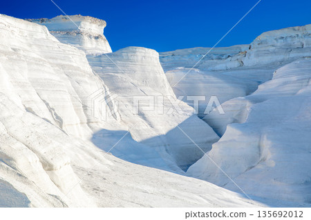 White chalk cliffs in Sarakiniko, Milos island, Cyclades, Greece 135692012