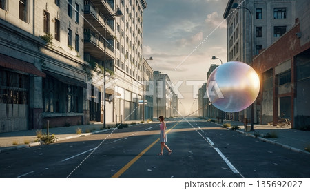 Large reflective sphere floating above an empty street in a deserted modern city scene, evoking surreal geometry, minimalism, and contemplative space. Large reflective sphere floating above an empty street in a deserted modern city scene, evoking surreal geometry, minimalism, and contemplative space. 135692027