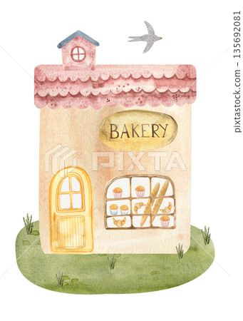 Fairytale watercolor bakery house with warm colors, soft textures and hand-painted details. 135692081