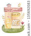 Fairytale watercolor bakery house with warm colors, soft textures and hand-painted details. 135692083