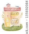 Watercolor illustration of a cute backery, window, door, plants .  135692084