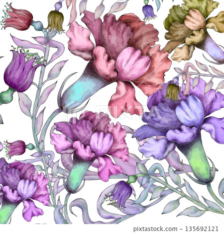Watercolor illustration of colorful carnations.  135692121