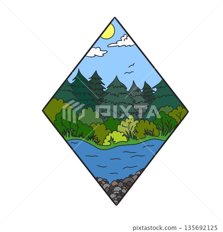 Landscape in a rhombus, minimalism. River, forest, stones  135692125