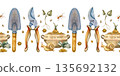Seamless watercolor border pattern with gardening tools and nature elements. Hand-painted shovel, trowel, pruners, fork, watering spray, seeds, sprouts, pots, snail and insects 135692132