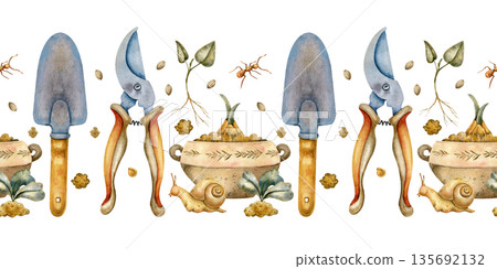 Seamless watercolor border pattern with gardening tools and nature elements. Hand-painted shovel, trowel, pruners, fork, watering spray, seeds, sprouts, pots, snail and insects Seamless watercolor border pattern with gardening tools and nature elements. Hand-painted shovel, trowel, pruners, fork, watering spray, seeds, sprouts, pots, snail and insects 135692132