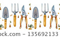 Seamless watercolor border pattern with gardening tools and nature elements. Hand-painted shovel, trowel, pruners, fork, watering spray, seeds, sprouts, pots, snail and insects.  135692133
